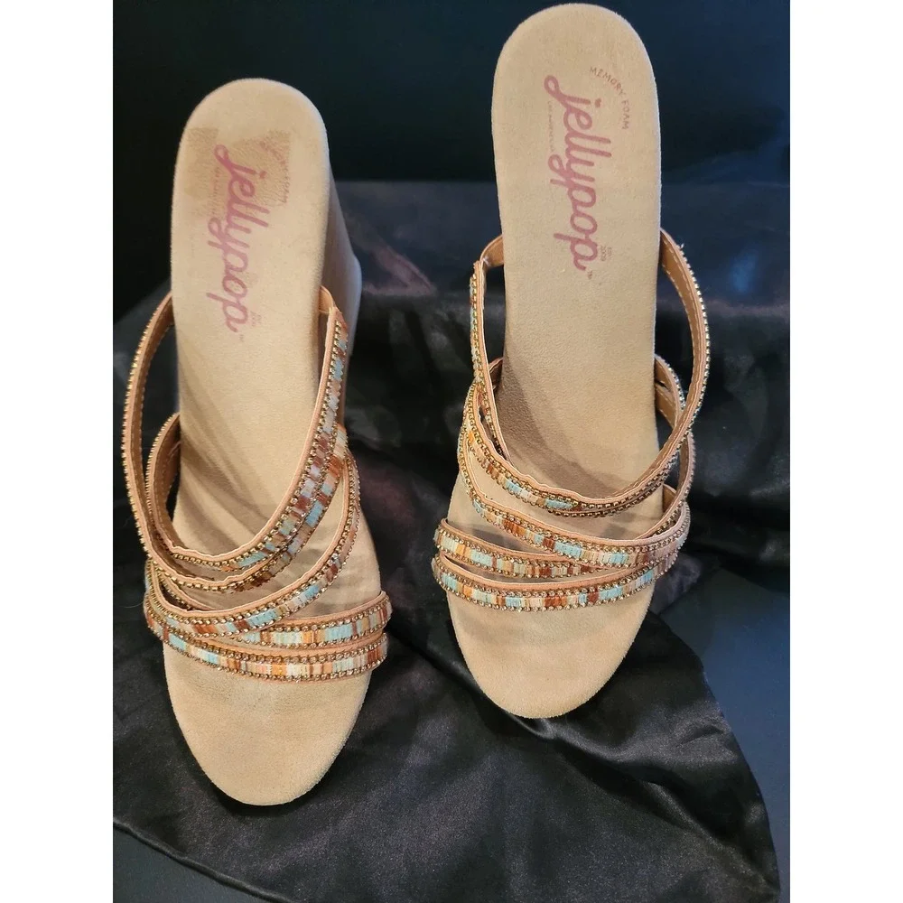 Jellypop Bryce Womens 11M Tan Beaded Rhinestone Wedge Sandals Memory Foam Heel